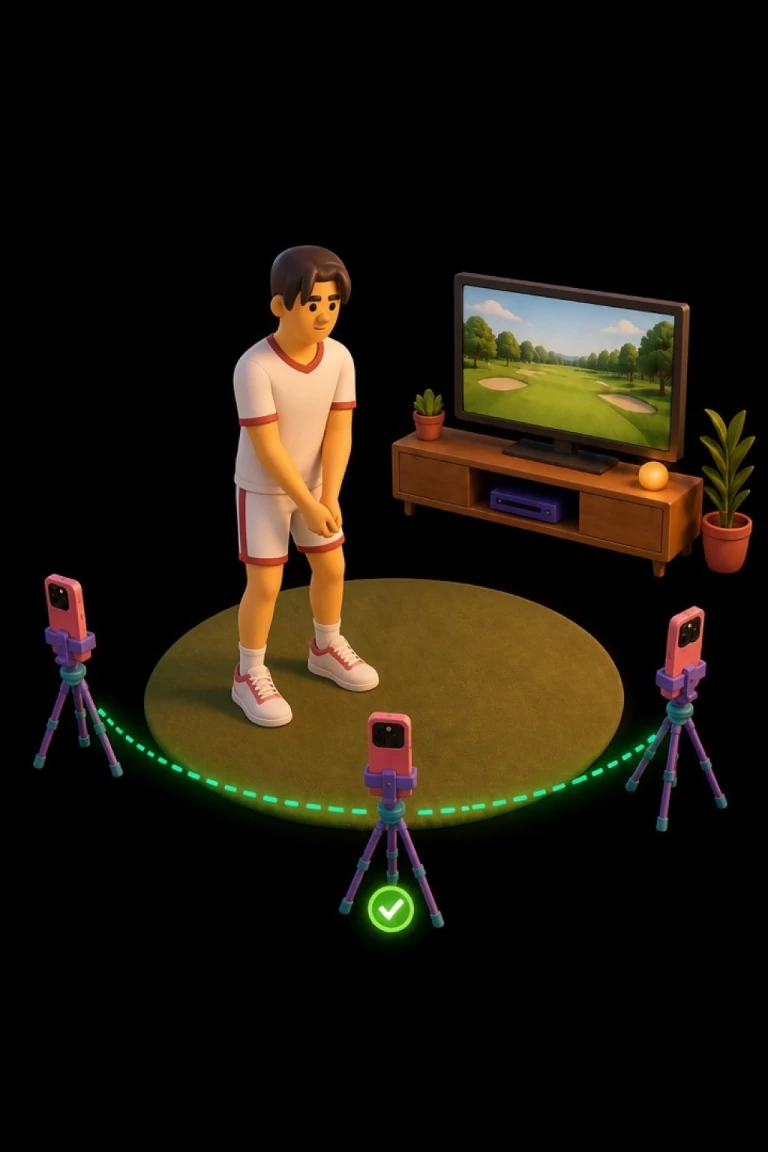 An elevated view of a golfer addressing an imaginary ball in front of a TV console, with approved phone positions curving around the golfer's hands from 10 to 170 degrees.