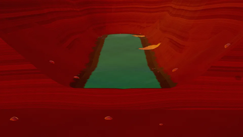 Aerial view from behind the tee of a Canyons par 4, red-rock walls layered around the fairway