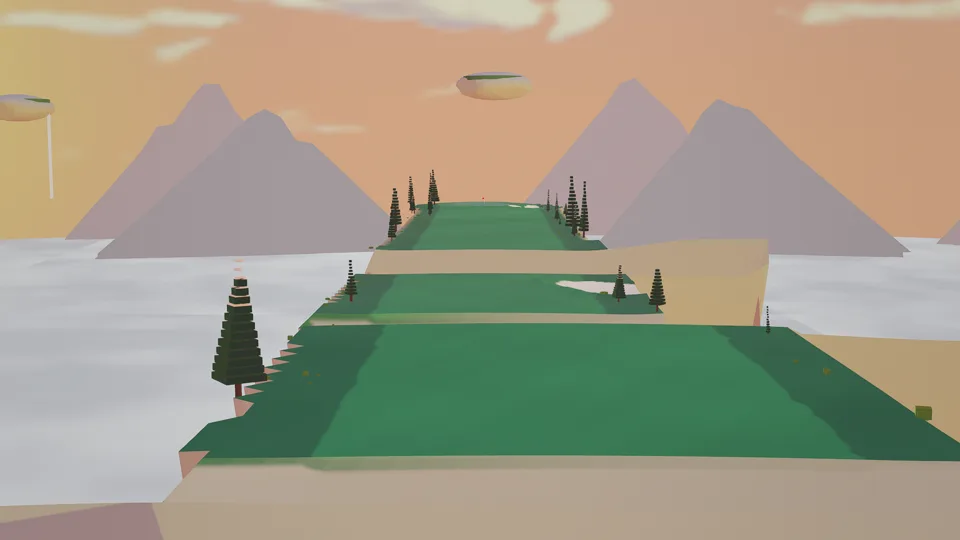 Aerial view from behind the tee of a Sky Kingdom par 4, turf islands floating above a sea of cloud
